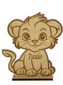 Marque Place Lion Bois Gravé - Baptême Jungle - Lion bois