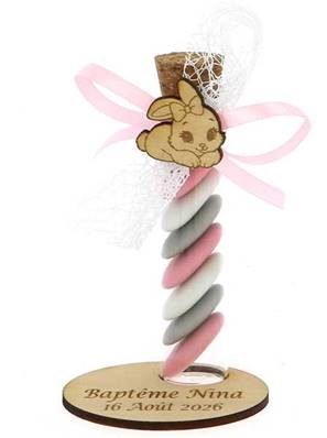 Éprouvette Dragées Baptême Lapin Socle Bois - Baptême Animaux