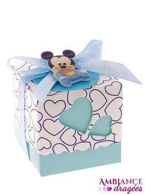 Boite à dragées cube coeur bleu bébé Mickey