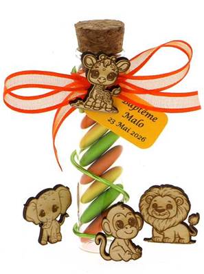 Éprouvette Dragées Baptême Jungle Personnalisée  - Cadeaux Invités Animaux Jungle
