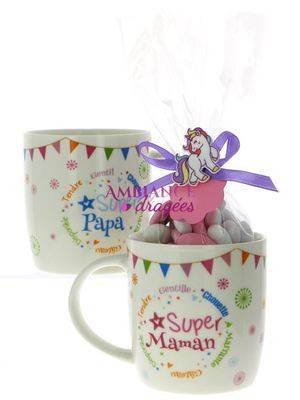 Mug dragées maman, papa Licorne