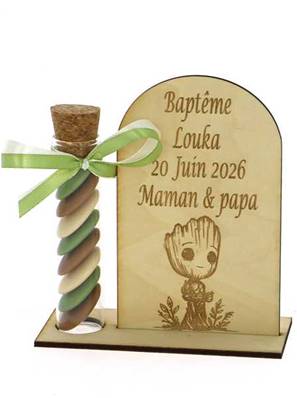 Cadeau Parrain Marraine Éprouvette Bois Groot, Dragées Baptême Groot
