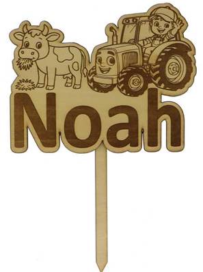 Cake Topper Bois Personnalisé Tracteur - Décoration Baptême Tracteur Vache