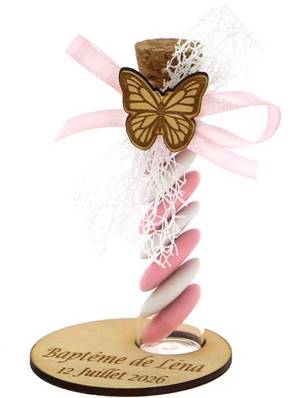 Éprouvette Dragées Baptême Papillon Socle Gravé - Dragées Baptême Papillon