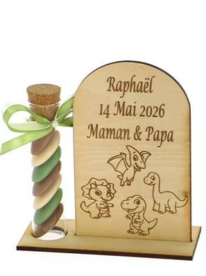 Cadeau Parrain Marraine Éprouvette Bois Gravé Dinosaure - Baptême Dinosaure