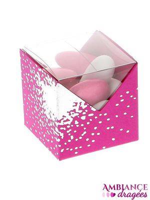 Boite dragées cube alizée fuchsia et argent