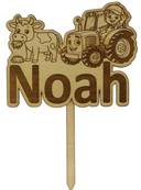 Cake Topper Bois Personnalis� Tracteur - D�coration Bapt�me Tracteur Vache