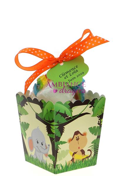 Sachet dragées bonbons personnalisés baptême anniversaire animaux jungle