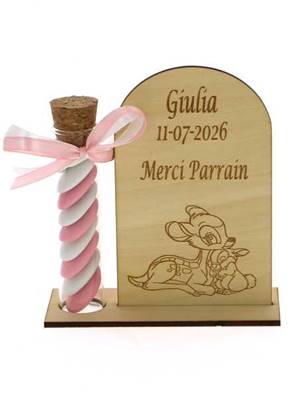 Cadeau Parrain Marraine Éprouvette Bois Bambi - Dragées Baptême Bambi