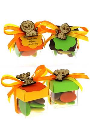 Boite dragées cube baptême thème jungle