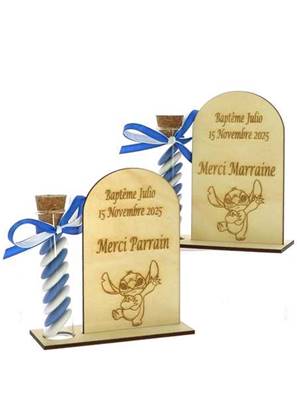 Cadeau Parrain Marraine Éprouvette Bois Personnalisé - Baptême Stitch & Angel