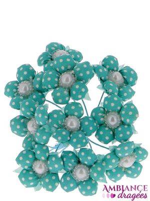 Fleur turquoise pois blanc x 10