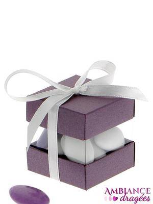 Boite dragées cube duo prune nacré