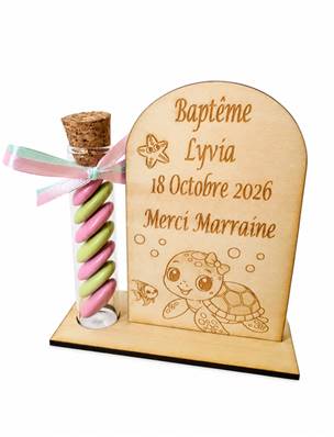Cadeau Parrain Marraine Éprouvette Bois Gravé Tortue - Baptême tortue