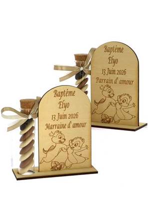 Cadeau Parrain Marraine Éprouvette Bois Gravé Tic et Tac - Baptême Tic et Tac