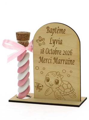Cadeau Parrain Marraine Éprouvette Bois Gravé Tortue - Baptême tortue