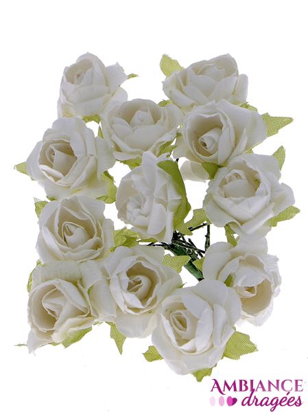 Fleur Rose blanche x 12, Vente Rose blanche boite dragées mariage-  Ambiancedragées